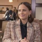 Kimberly’s brown tweed outfit borrowed from Leighton on The Sex Lives of College Girls