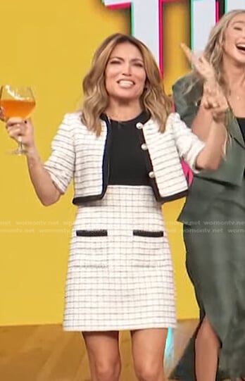 Kit’s white check cropped jacket and mini skirt on Access Hollywood