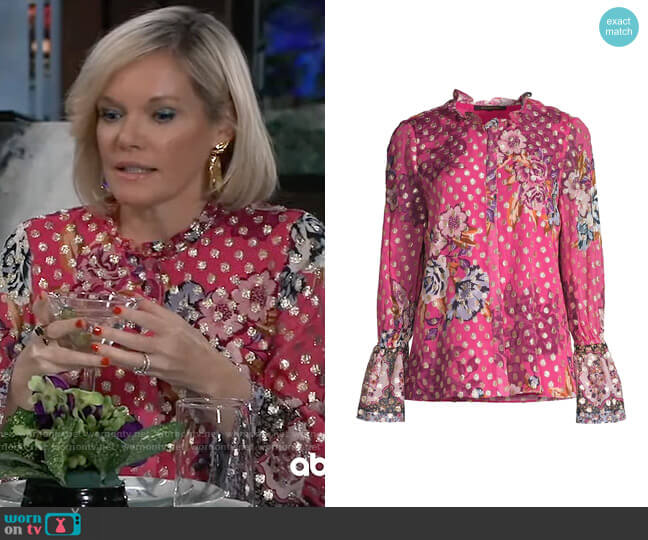 Kobi Halperin Ali Metallic Dot Floral Blouse in Rose Pink worn by Ava Jerome (Maura West) on General Hospital