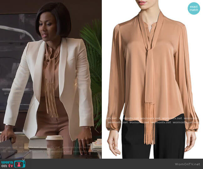 Kobi Halperin Tara Fringed Tie-Neck Stretch-Silk Blouse worn by Jax Stewart (Emayatzy Corinealdi) on Reasonable Doubt
