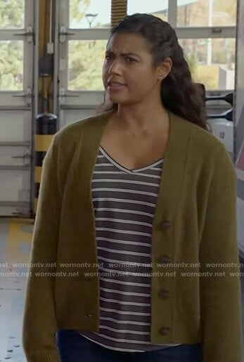 Kylie’s green v-neck cardigan on Chicago Fire