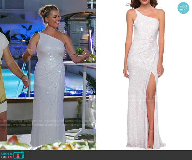 La Feme Sequin One-Shoulder Gown worn by Rebecca Romijn on The Real Love Boat