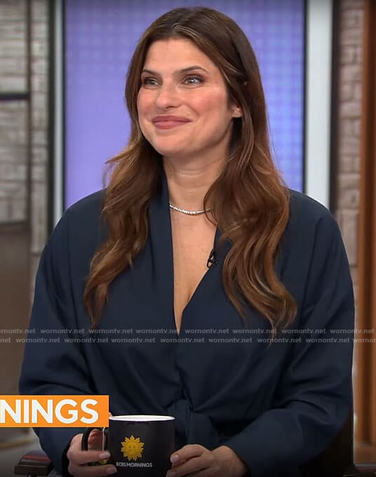 Lake Bell’s navy top and pants set on CBS Mornings
