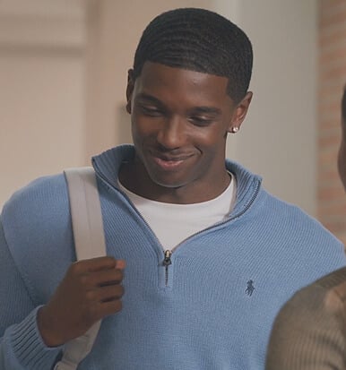 Lando’s blue quarter zip sweater on All American Homecoming