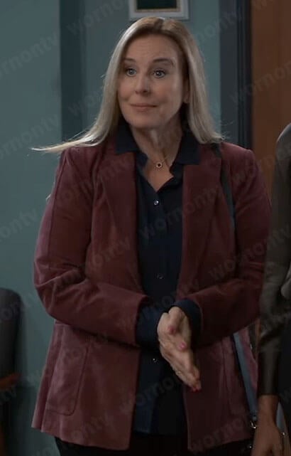 Laura’s burgundy suede blazer on General Hospital