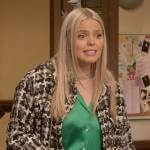 Leighton’s green satin shirt and tweed jacket on The Sex Lives of College Girls