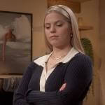 Leighton’s navy cardigan with white trim on The Sex Lives of College Girls