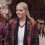 Leighton’s navy and orange plaid coat on The Sex Lives of College Girls