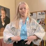 Leighton’s plaid puff-sleeve jacket and leather pants on The Sex Lives of College Girls