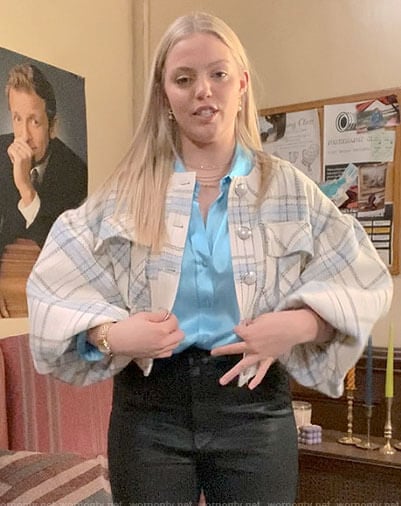 Leighton’s plaid puff-sleeve jacket and leather pants on The Sex Lives of College Girls