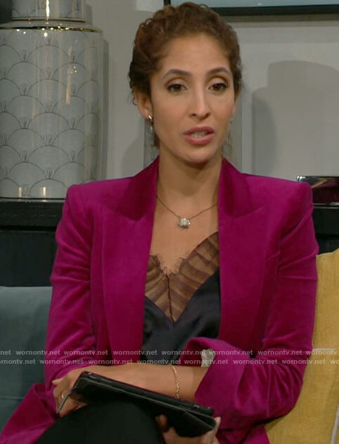 Lily’s black mesh-trim cami and pink blazer on The Young and the Restless