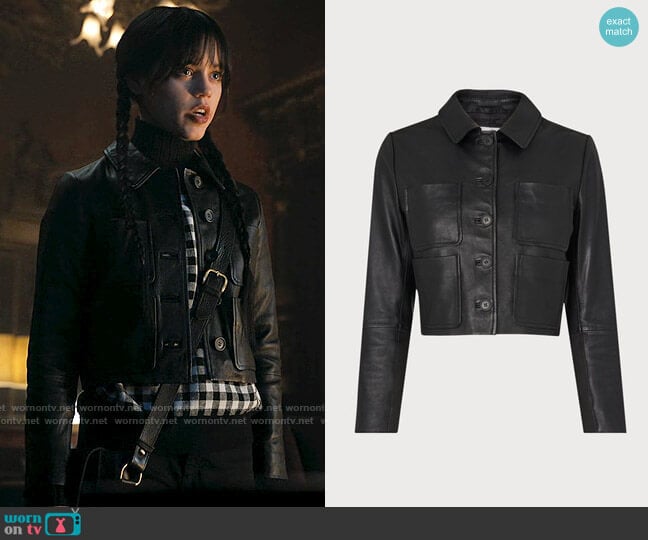 LK Bennett Aubree Leather Jacket worn by Wednesday Addams (Jenna Ortega) on Wednesday