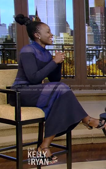 Lupita’s blue mesh panel dress on Live with Kelly and Ryan