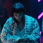 Mencia’s white eye print jacket on Elite