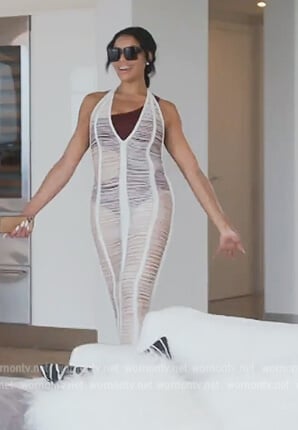 Mia’s white open knit maxi dress on The Real Housewives of Potomac