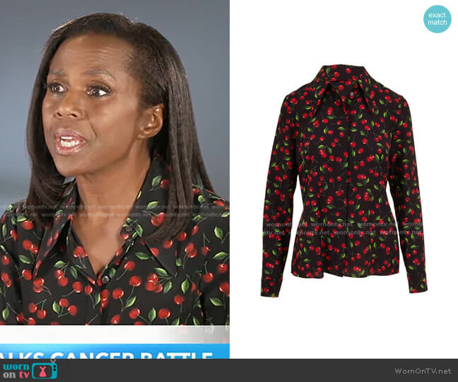 Michael Kors Cherry Silk Crepe de Chine Shirt worn by Deborah Roberts on Good Morning America