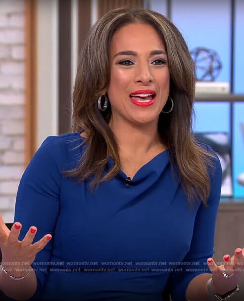 Michelle Miller’s blue cowl neck dress on CBS Mornings