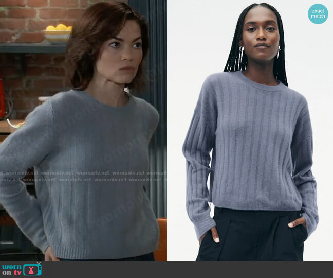 Naadam Cashmere Ribbed Cropped Sweater in Slate Blue worn by Elizabeth Webber (Rebecca Herbst) on General Hospital