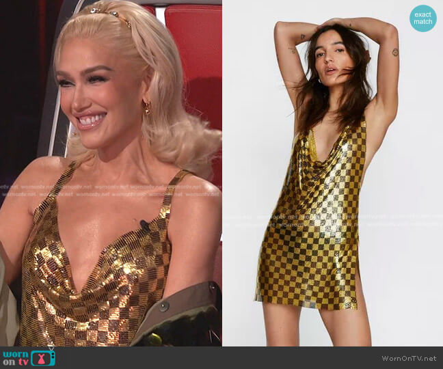 Nasty Gal Chainmail Checkerboard Cowl Neck Mini Dress worn by Gwen Stefani on The Voice