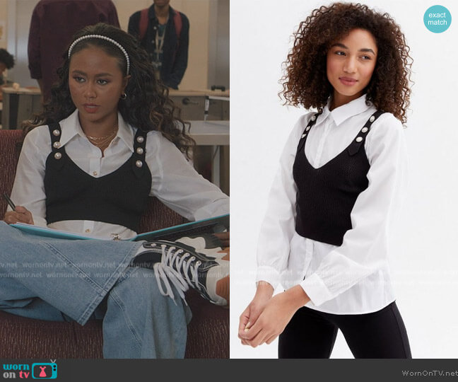 New Look Cameo Rose White Faux Pearl 2-in-1 Shirt worn by Keisha (Netta Walker) on All American Homecoming