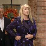 Nikki’s long blue printed coat on The Young and the Restless