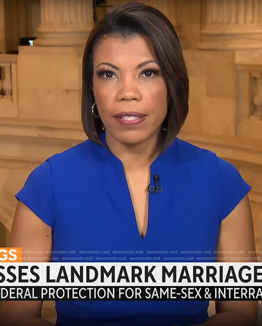 Nikole Killion’s blue split-neck dress on CBS Mornings