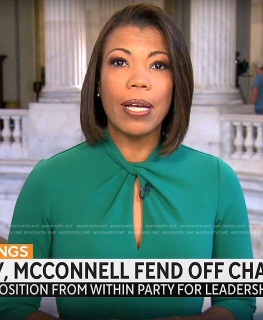 Nikole Killion’s green twist neck dress on CBS Mornings