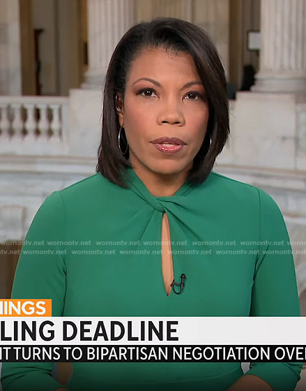 Nikole Killion’s green twist neck dress on CBS Mornings