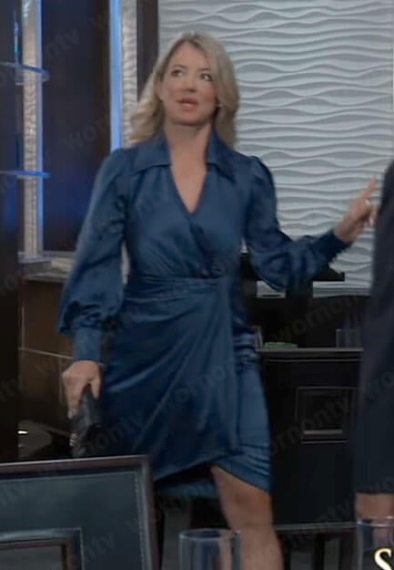 Nina’s teal blue satin wrap dress on General Hospital