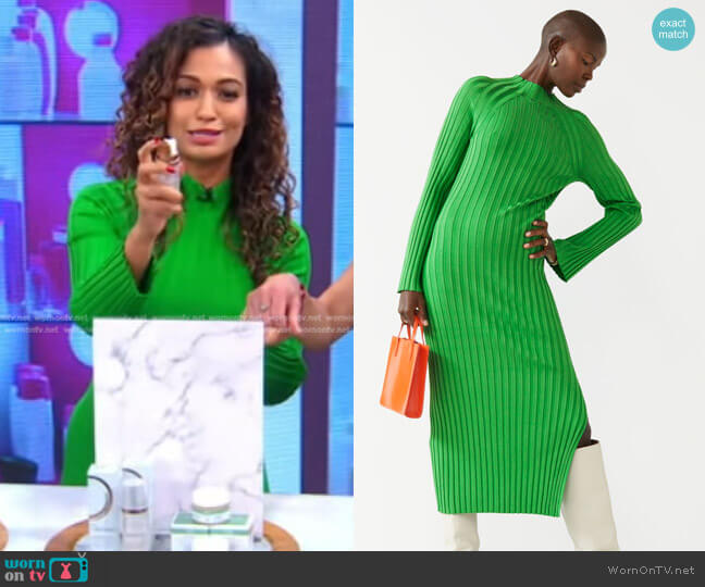 & Other Stories Ribbed Knit Midi Dress in Green worn by Milly Almodovar on Good Morning America