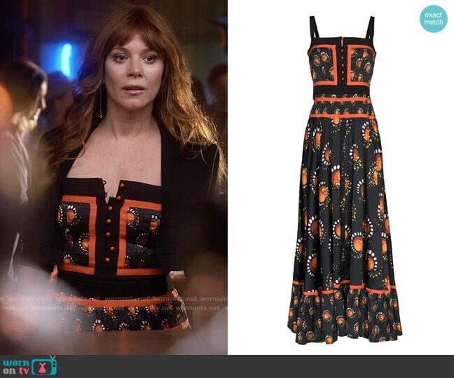 Paco Rabanne Graphic-print flared maxi dress worn by Nicolette Roman (Anna Friel) on Monarch