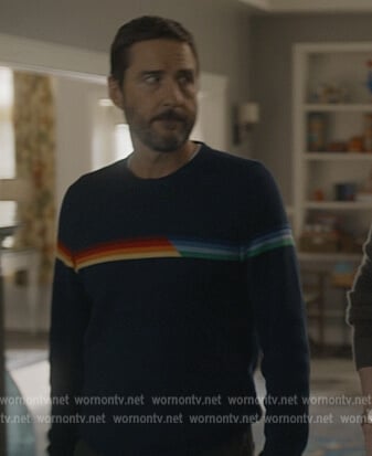 Pat’s blue rainbow stripe sweater on Stargirl
