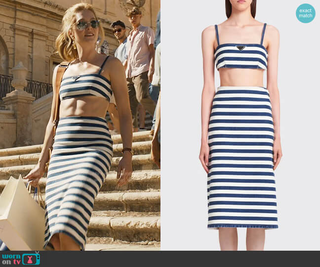 Prada Cropped Logo-plaque Denim Vest worn by Daphne (Meghann Fahy) on The White Lotus