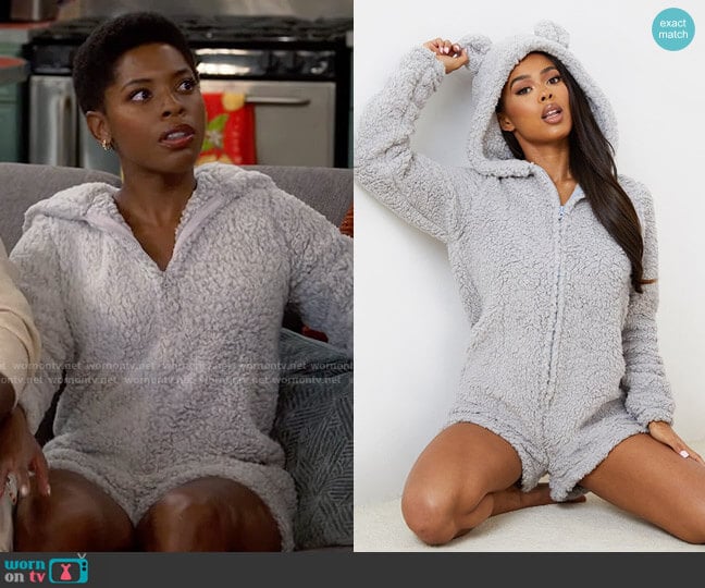 Pretty Little Thing Grey Teddy Ear Borg Romper worn by Necie (Chelsea Harris) on The Neighborhood