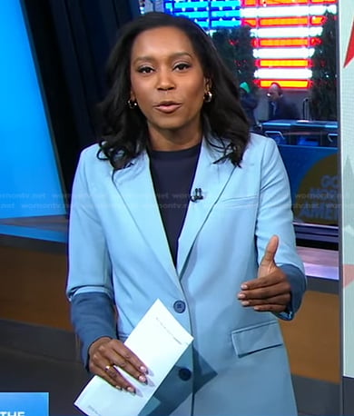 Rachel’s blue colorblock blazer and pants on Good Morning America