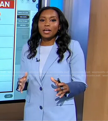 Rachel’s blue colorblock blazer and pants on Good Morning America