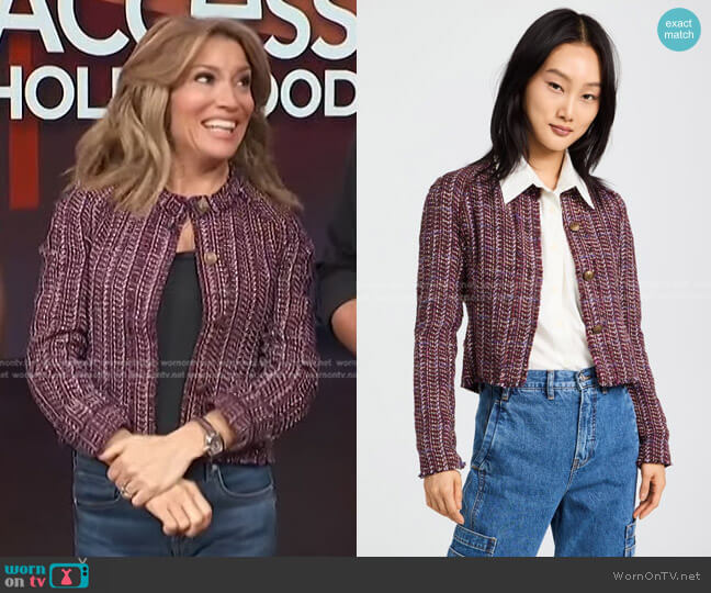Rag & Bone Marisa Tweed Jacket in Burgmlti worn by Kit Hoover on Access Hollywood