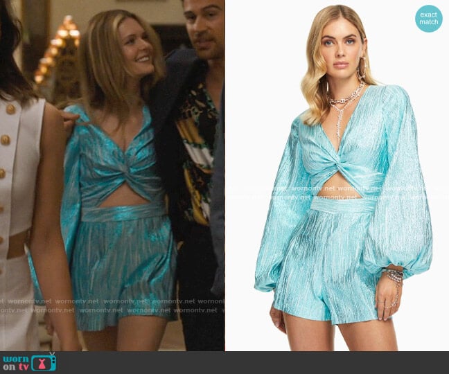 Ramy Brook Cutout Romper in Blue Topaz worn by Daphne (Meghann Fahy) on The White Lotus