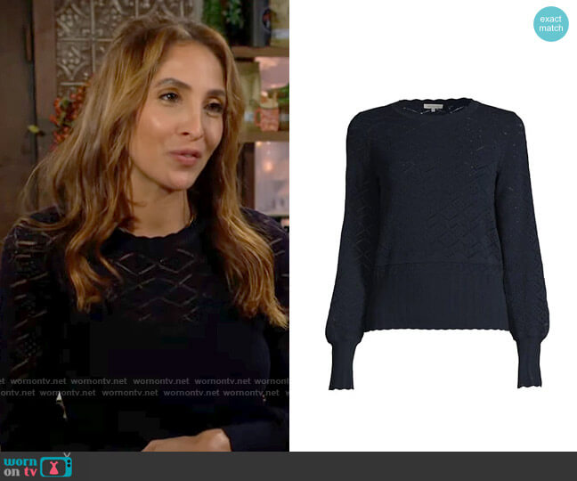 Rebecca Taylor Pointelle-Knit & Scallop-Trim Sweater in Navy worn by Lily Winters (Christel Khalil) on The Young and the Restless