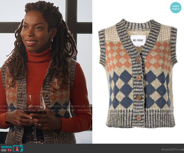 re/done 50s Cotton Cardigan Vest worn by Denise (Sasheer Zamata) on Home Economics