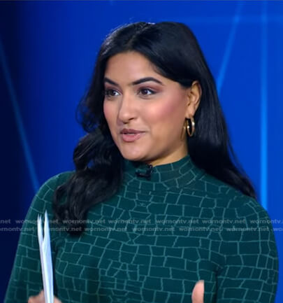 Reena Roy’s green printed mock neck dress on Good Morning America