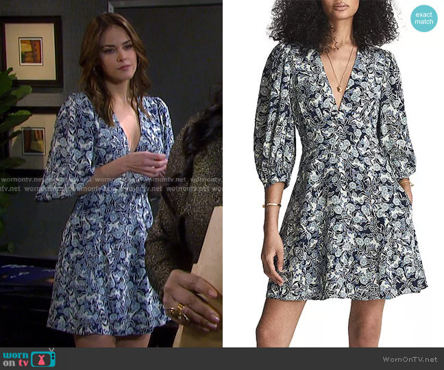 Reiss Daisy Printed Balloon Sleeve Mini Dress in Blue Print worn by Stephanie Johnson (Abigail Klein) on Days of our Lives