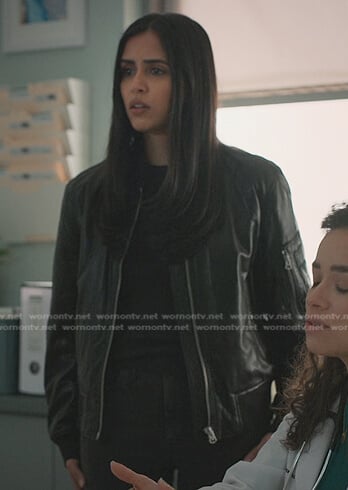 Saanvi’s black leather bomber jacket on Manifest