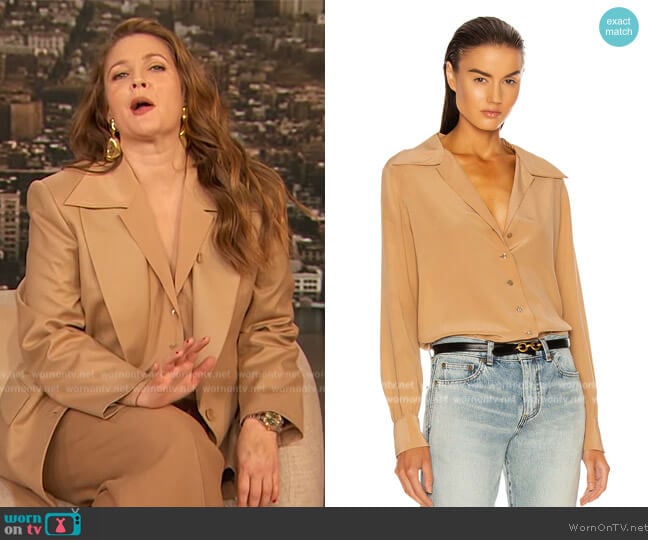 Saint Laurent Crepe De Chine Blouse worn by Drew Barrymore on The Drew Barrymore Show