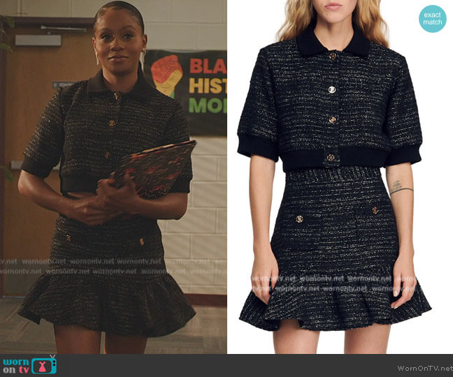 Sandro Othilie Cropped Tweed Jacket worn by Simone (Geffri Hightower) on All American Homecoming