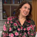 Sarah Gelman’s pink floral blouse and red velvet pants on CBS Mornings