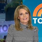 Savannah’s white striped turtleneck top and black skirt on Today