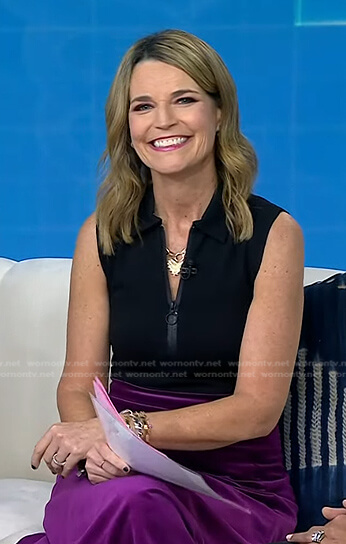 Savannah’s black sleeveless top and purple skirt on Today