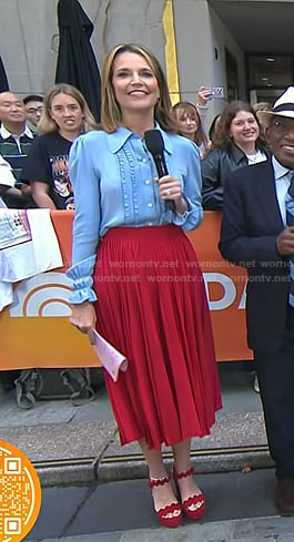 Savannah’s ruffled blouse and red skirt on Today