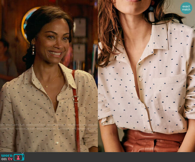 Sezane Tomboy Shirt in Ecru / Blue Dots worn by Amy Wheeler (Zoe Saldana) on From Scratch